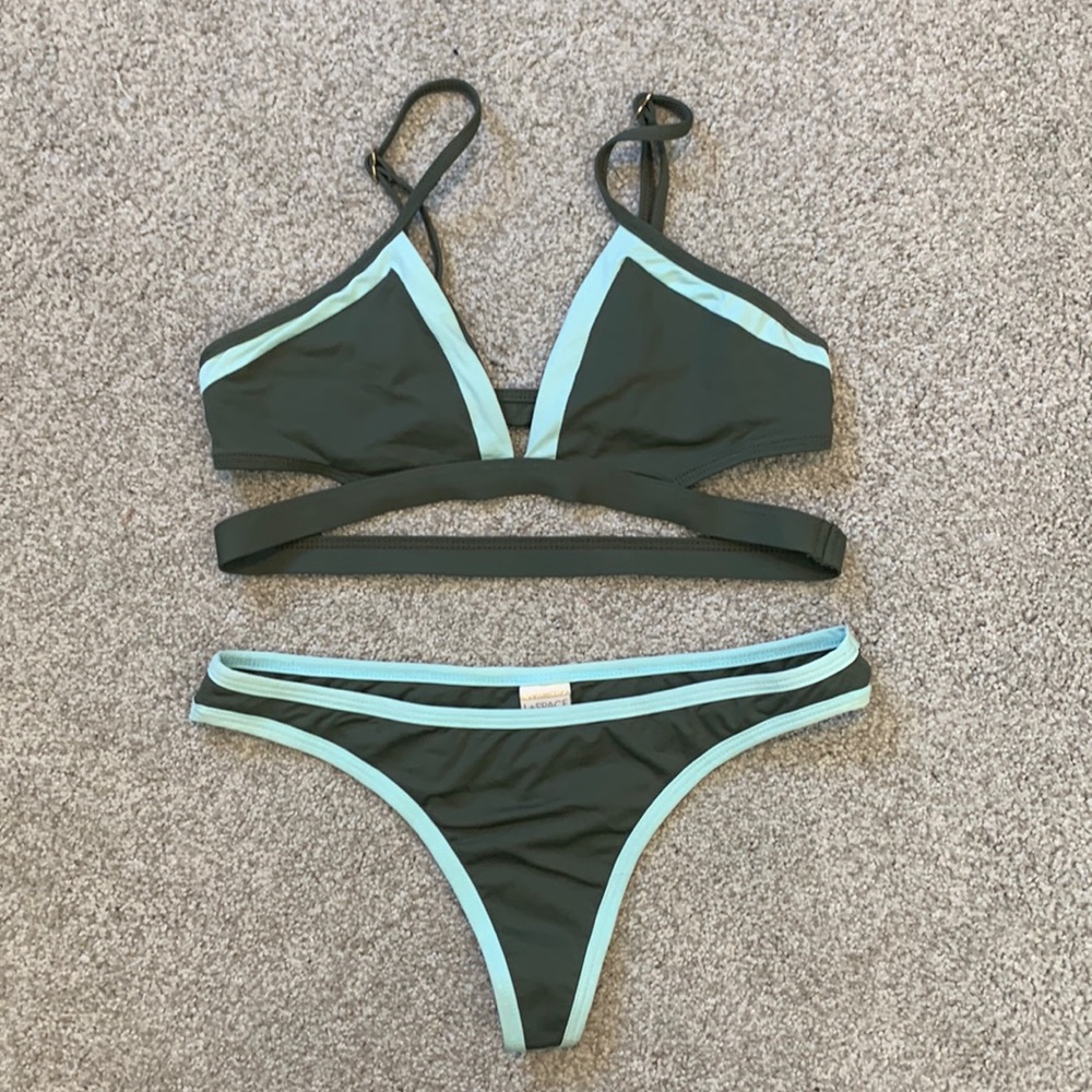 L*Space Bikini in Olive Green and Light Sea Green Piping